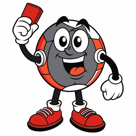 Cheerful cartoon sports ball mascot showing a red card, with a big smile and red sneakersのイラスト素材