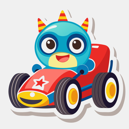 Cute cartoon monster in a blue mask and spiky hat happily drives a red race car with a starのイラスト素材