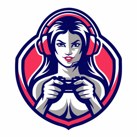 Stylized woman with long dark hair, red headphones, and a gaming controller, framed in a shield emblemのイラスト素材