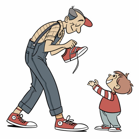 Kind adult teaching happy child to tie red shoelace, a heartwarming intergenerational learning momentのイラスト素材