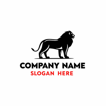 A powerful black lion silhouette stands alert on a white background with generic text beneath