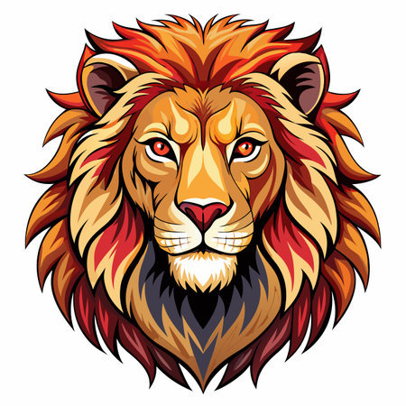 Vibrant, front-facing illustration of a majestic lion's head with a fiery, stylized mane and intense gazeのイラスト素材