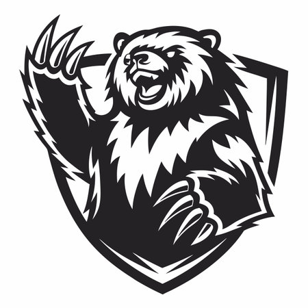 Monochromatic vector illustration of an aggressive bear, roaring with claws extended, within a shield emblemのイラスト素材
