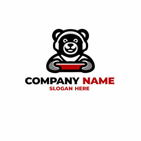 A cartoon bear mascot with headphones holds a red game controller, depicted in a bold, graphic styleのイラスト素材