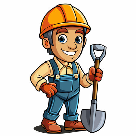 Smiling cartoon man in orange hard hat and blue overalls holds a shovel, ready for workのイラスト素材
