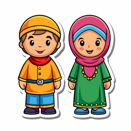 Cute cartoon boy and girl in traditional attire, smiling, isolated on white with shadow effectのイラスト素材