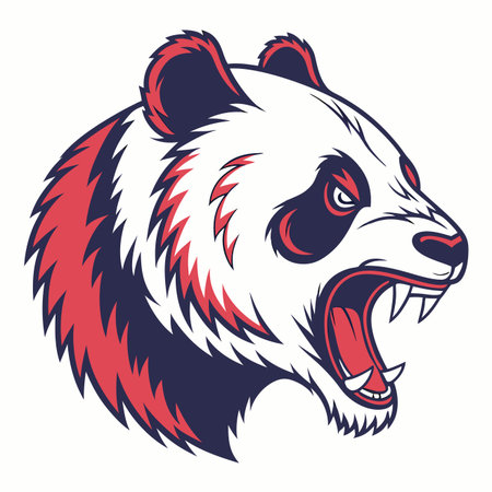 Stylized aggressive panda head vector illustration, roaring with bared fangs, red and navy accentsのイラスト素材
