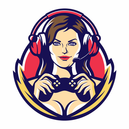 Stylized woman gamer with red headphones and mic, holding a controller, framed in an emblemのイラスト素材