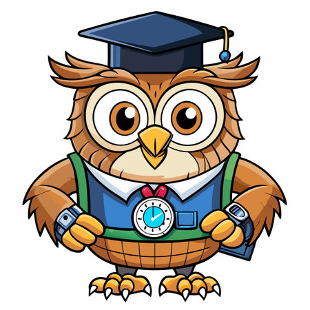 Wise cartoon owl wears a graduation cap, blue vest, watches, and holds a book. White backgroundのイラスト素材