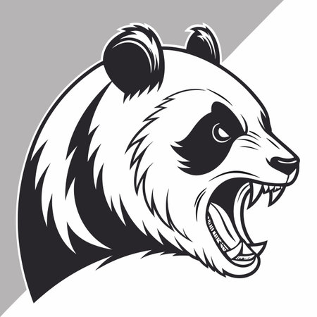 Aggressive black and white panda head illustration, roaring with teeth exposed, sharp lines, graphic animal artのイラスト素材