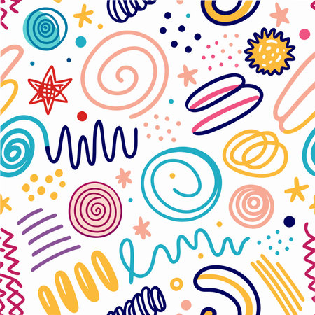 Abstract seamless pattern, hand-drawn colorful squiggles, swirls, dots, stars, and lines on whiteのイラスト素材