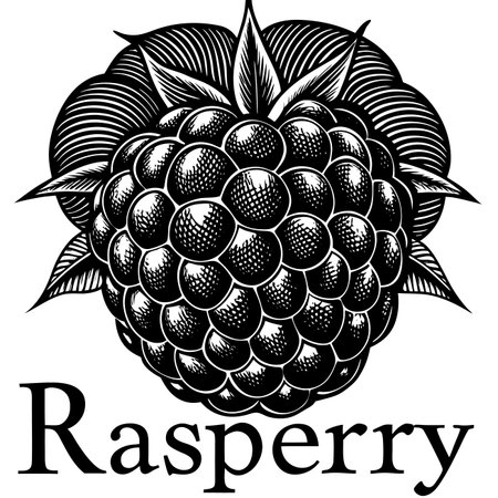 Detailed black and white engraving of a berry with intricate texture and lush leavesのイラスト素材