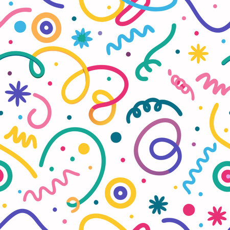 Seamless pattern of vibrant, hand-drawn swirls, squiggles, dots, and stars on white, exuding playful festivityのイラスト素材