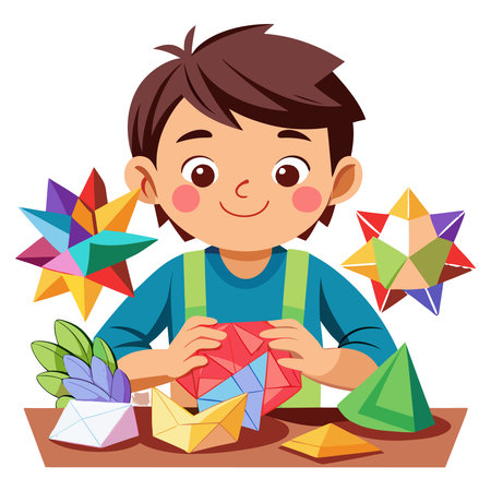 Young boy concentrating on folding colorful paper art. Intricate origami shapes are displayed around himのイラスト素材