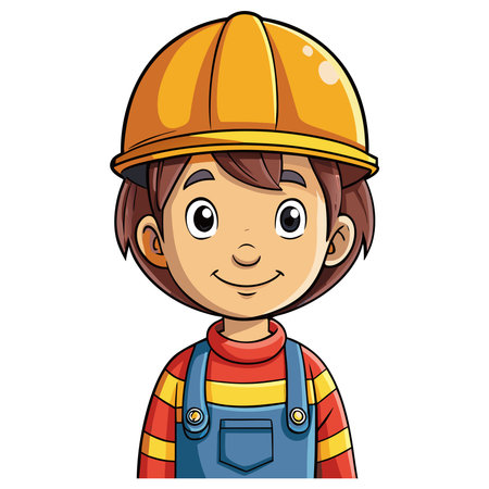 Smiling cartoon child wears a yellow hard hat and blue overalls, looking forward on white backgroundのイラスト素材