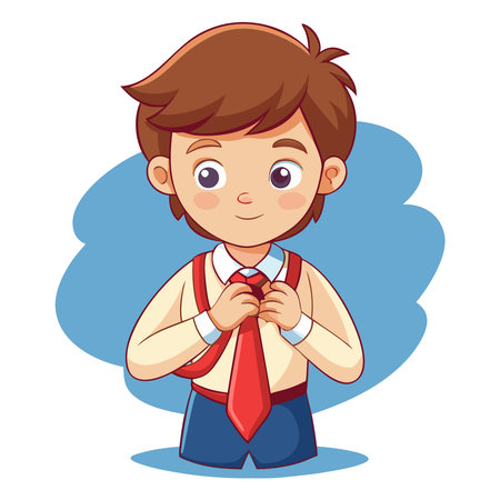 Cartoon boy with brown hair, white shirt, red suspenders, blue pants, happily tying a red necktieのイラスト素材