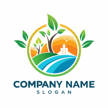 Colorful emblem with green hills, river, trees, modern buildings against a sunrise and blue sky, framed by leavesのイラスト素材