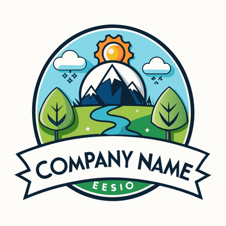 Illustrative nature emblem snowy mountains, sun, clouds, rain, winding river, and green treesのイラスト素材