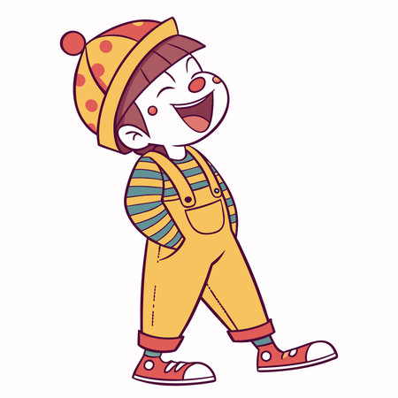 Cheerful cartoon boy with a clown nose, wearing a polka-dot hat and yellow overalls, laughing joyfullyのイラスト素材