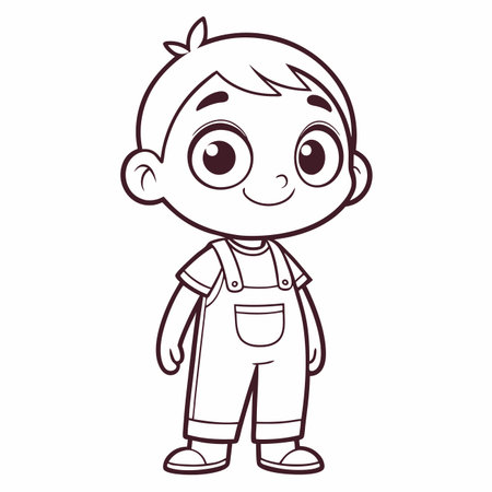 A cheerful, friendly cartoon boy with big eyes and a smile, wearing overalls, standing. Outline artのイラスト素材