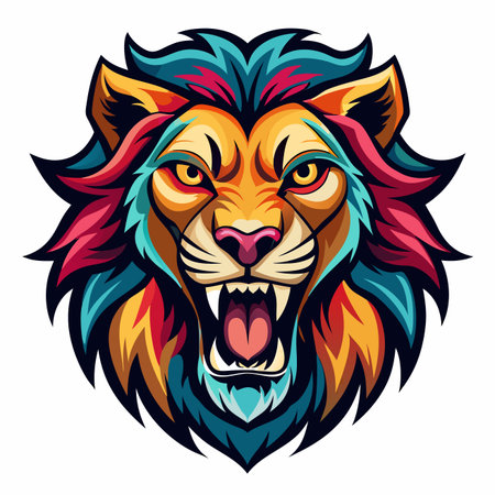 Vibrant, graphic lion head roaring, showcasing a multi-colored mane in bold pop art styleのイラスト素材
