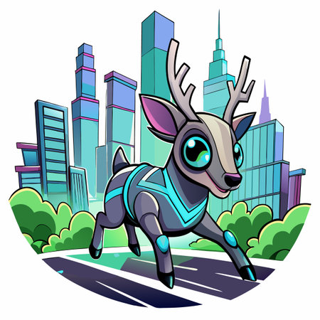 Cute deer running through a futuristic cityのイラスト素材