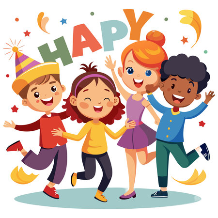 Four diverse, joyful children celebrating with smiles, confetti, and a 'HAPPY' messageのイラスト素材