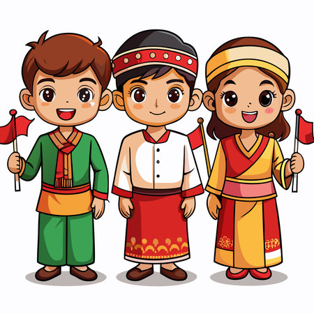Three happy cartoon children in traditional attire hold national flags, celebrating cultural diversityのイラスト素材