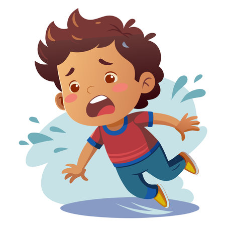 Brown-skinned cartoon boy falling on a wet floor, wide-eyed and mouth open in shock, water splashingのイラスト素材