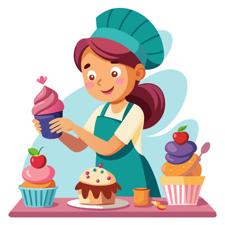 Smiling young woman in a teal chef's hat decorates a pink-frosted cupcake, with other colorful dessertsのイラスト素材