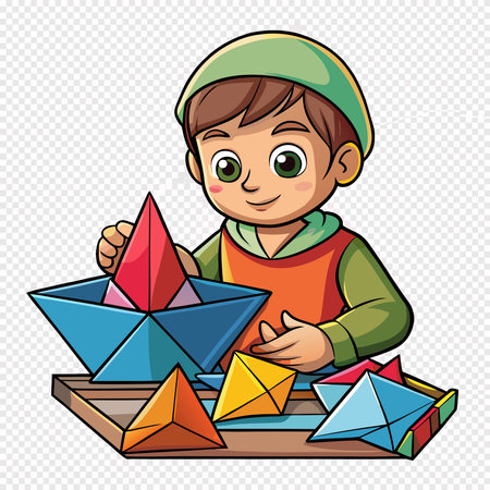 A cheerful cartoon boy plays with colorful paper geometric shapes, placing a pyramid into a paper boatのイラスト素材