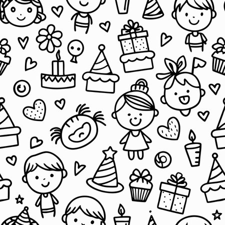 Black and white hand-drawn doodle pattern happy children, birthday cakes, party hats, and gifts for celebrationsのイラスト素材
