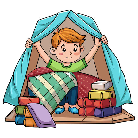 A happy boy peeks from inside a blanket fort made with pillows and stacks of colorful books for imaginative playのイラスト素材