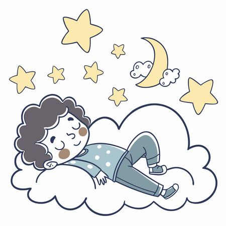 Cute cartoon child peacefully sleeping on a fluffy cloud under a starry night sky with a crescent moonのイラスト素材