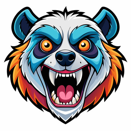 Aggressive stylized panda face with bared fangs, vibrant blue and orange details, roaring fiercelyのイラスト素材