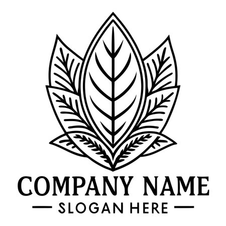 Stylized black line art logo showing three layered leaves, central prominent, symmetrical side leaves with veinsのイラスト素材