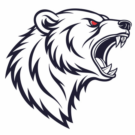 Stylized white bear head roaring fiercely with sharp fangs, open mouth, and intense red eyes. Strong mascotのイラスト素材