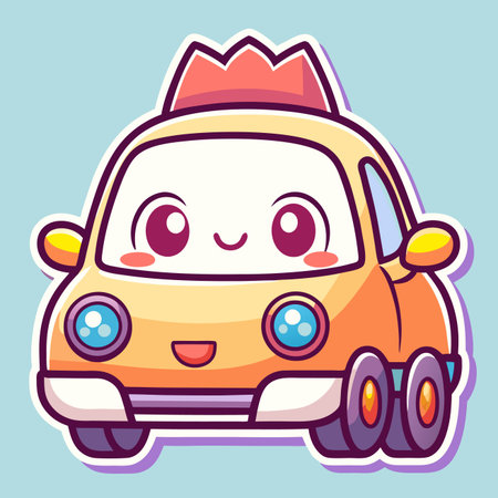 Cute, happy, cartoon yellow car with a crown and big eyes, rendered as a sticker on a light blue backgroundのイラスト素材
