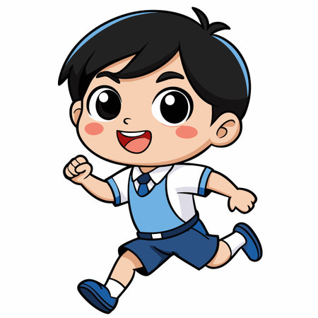 Cheerful animated student in blue uniform actively running, smiling, isolated on a white backgroundのイラスト素材