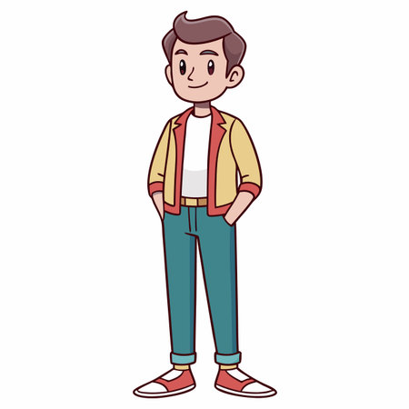 Animated illustration of a smiling young man in a yellow jacket, blue jeans, hands in pockets, white backgroundのイラスト素材