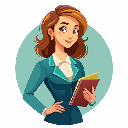 A confident cartoon businesswoman with brown hair and teal suit, holding documents, stands smilingのイラスト素材