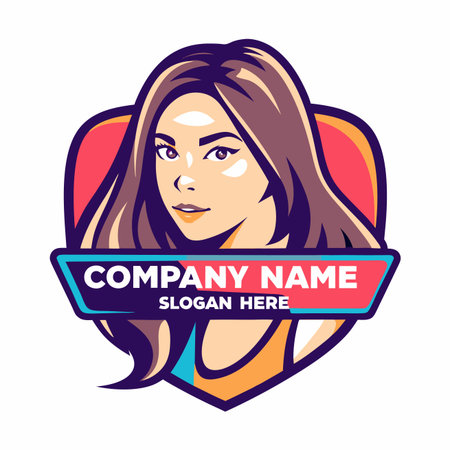 Vibrant illustration of a woman's head and shoulders within a shield logo, with editable text fieldsのイラスト素材