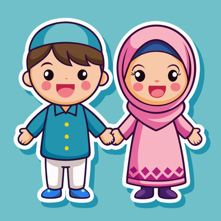 Smiling animated boy and girl in blue and pink outfits holding hands, depicting friendship and joy. Cute!のイラスト素材