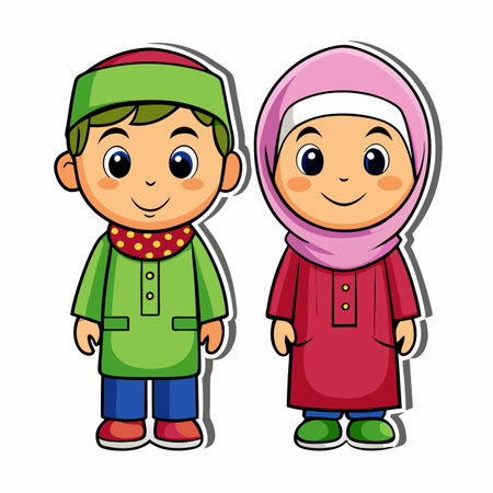 Cheerful cartoon children in traditional attire boy in green, girl in pink hijab, standing togetherのイラスト素材