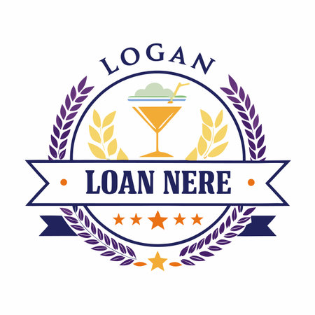 A colorful badge logo features a cocktail glass with laurels, stars, and decorative banners, on a white backgroundのイラスト素材