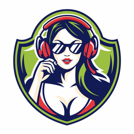 Stylized woman with sunglasses and red headphones in a shield emblem, gesturing a hand near her mouthのイラスト素材