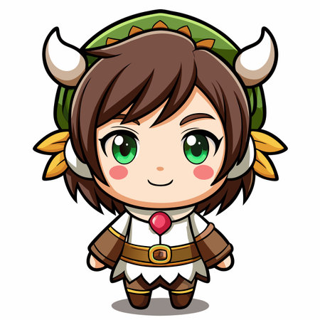 Adorable chibi girl character, short brown hair, vivid green eyes, wearing a horned green hat &amp; white tunicのイラスト素材