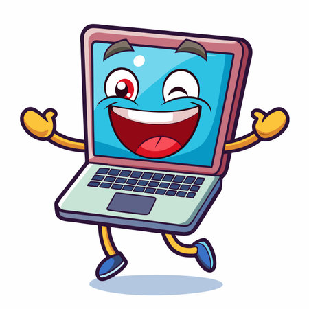 Cheerful cartoon laptop character joyfully running, winking, and smiling broadly with open armsのイラスト素材