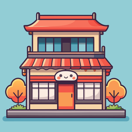 Charming animated two-story building with red tiled roof, striped awning, smiling sign, and treesのイラスト素材