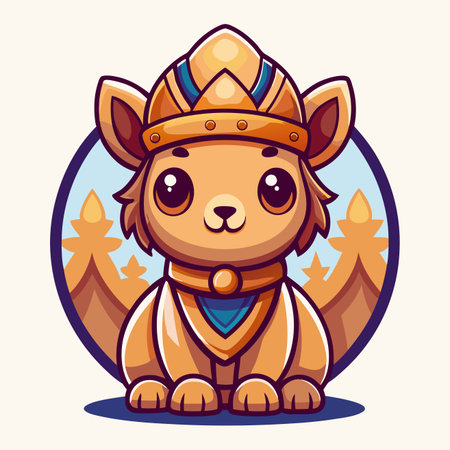 A cute, chibi animal cub with big eyes wears a golden crown and collar against a simple blue and brown backgroundのイラスト素材